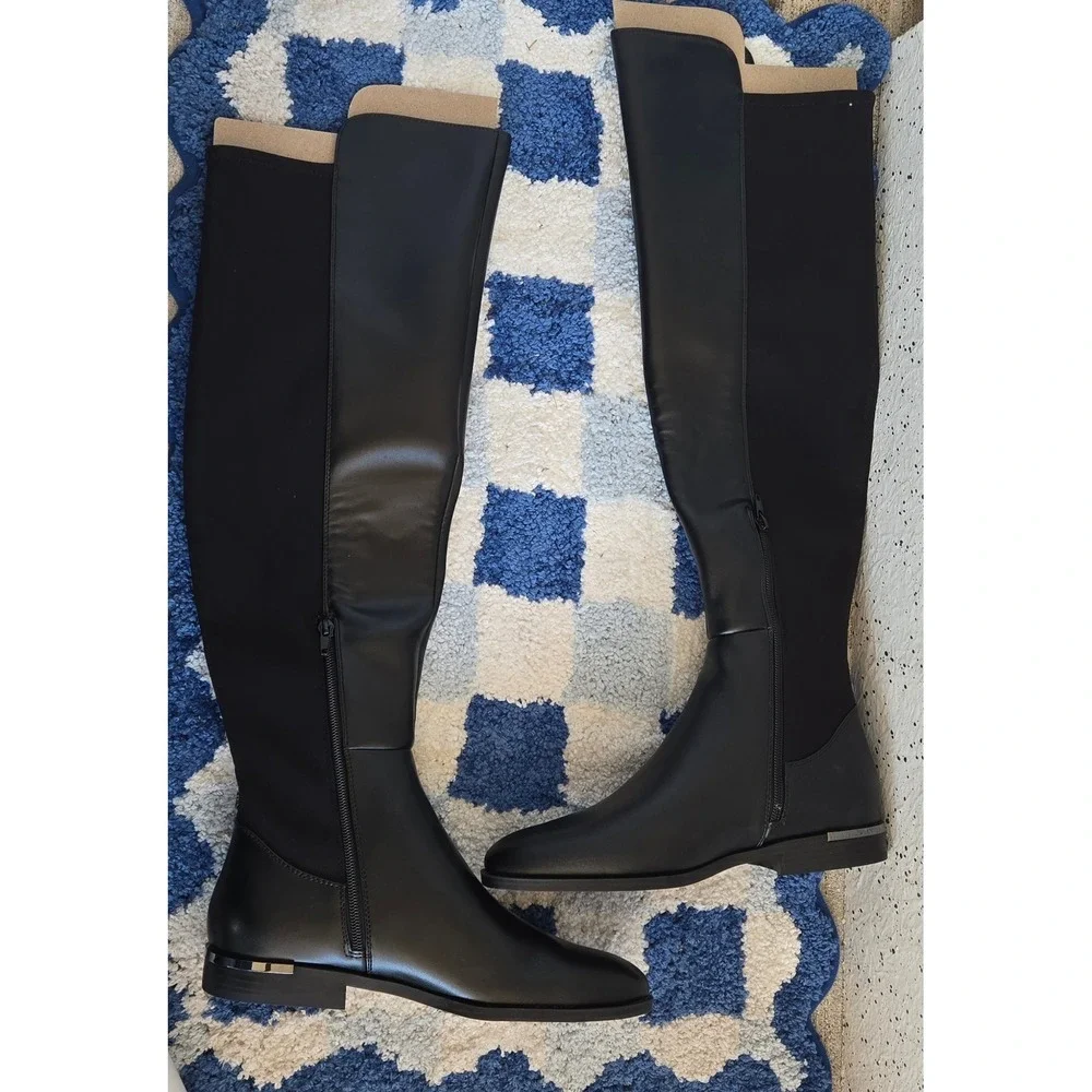 Nine‎ West Allair Over the Knee Boots Black Mixed Media Flat Heel 9.5M WNALLAIR8
